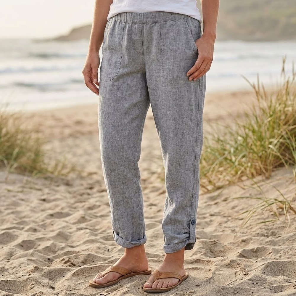 Pure J Jill Linen Pants Womens L (37x27) Blue Cropped Elastic Waist Tapered